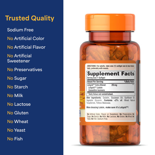 Close-up of Lutigold softgels inside the Puritan's Pride bottle