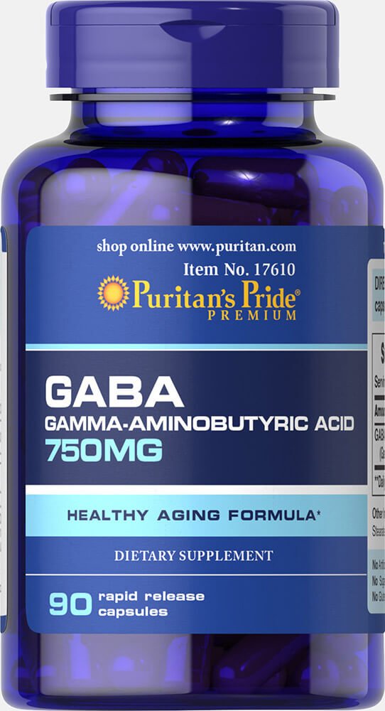 Puritans Pride GABA 750 mg capsules bottle with front label