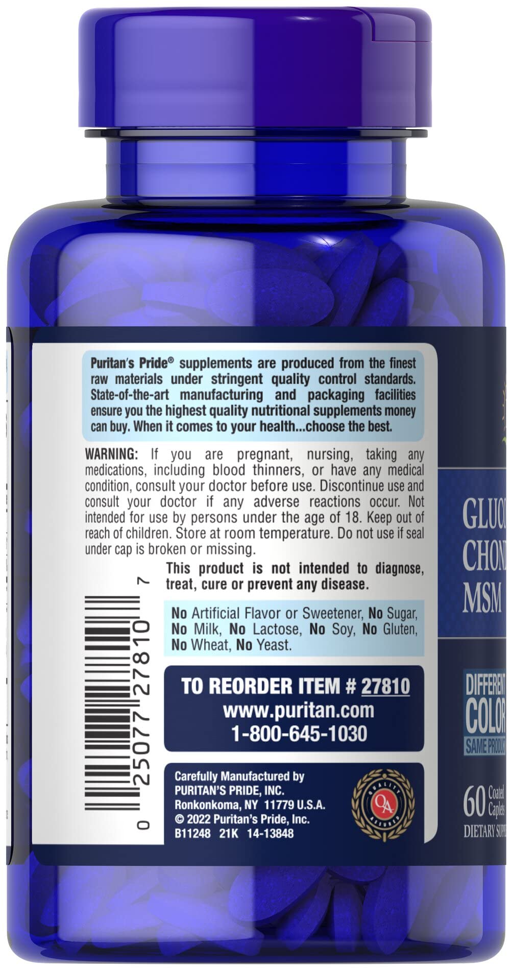 Close-up of Puritan's Pride Joint Soother label showing glucosamine sulfate 1,500 mg