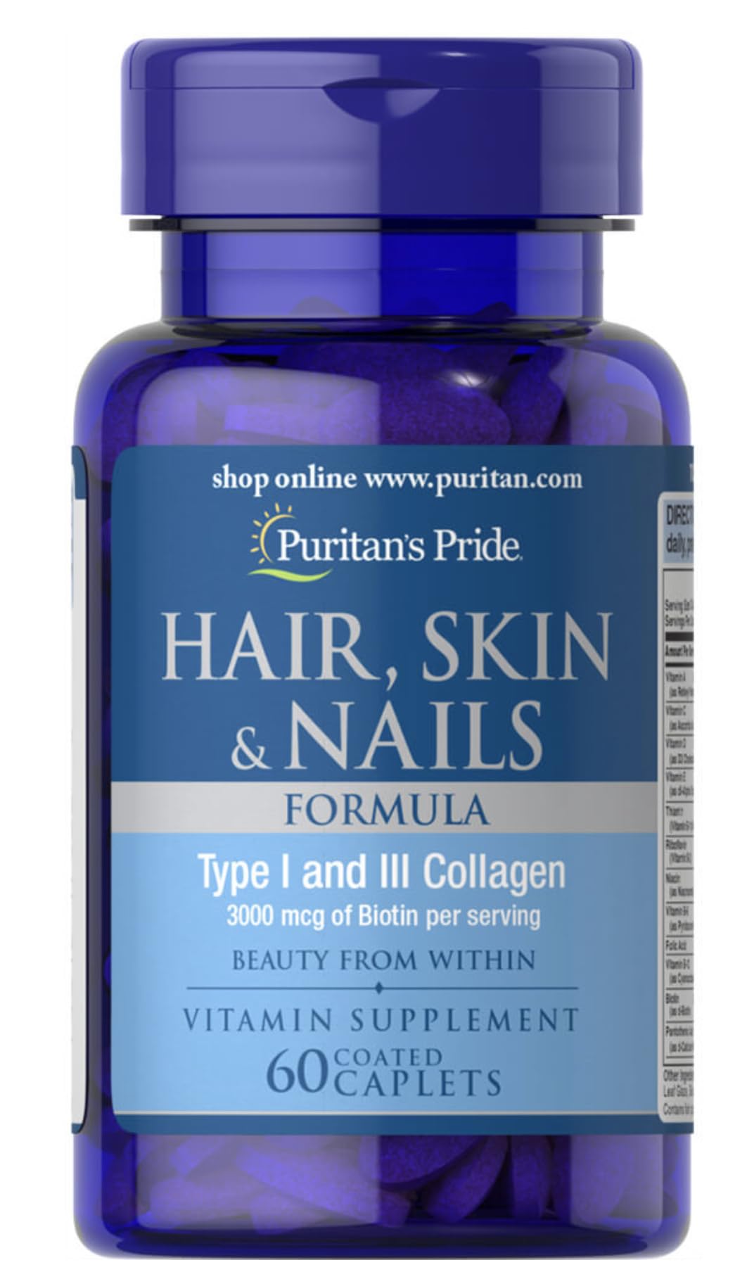 Bottle of Puritan's Pride Hair, Skin & Nails Formula 60 Caplets with label on white background