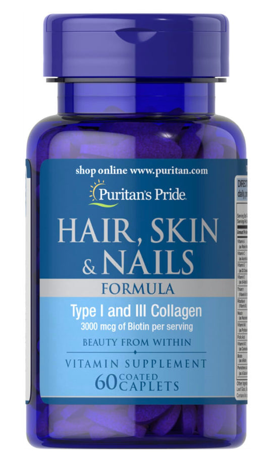 Bottle of Puritan's Pride Hair, Skin & Nails Formula 60 Caplets with label on white background