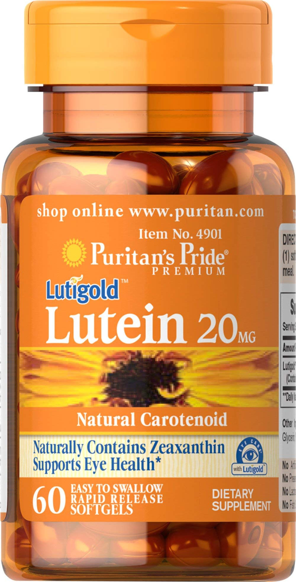Bottle of Puritan's Pride Lutein 20 mg with Zeaxanthin 60 Softgels