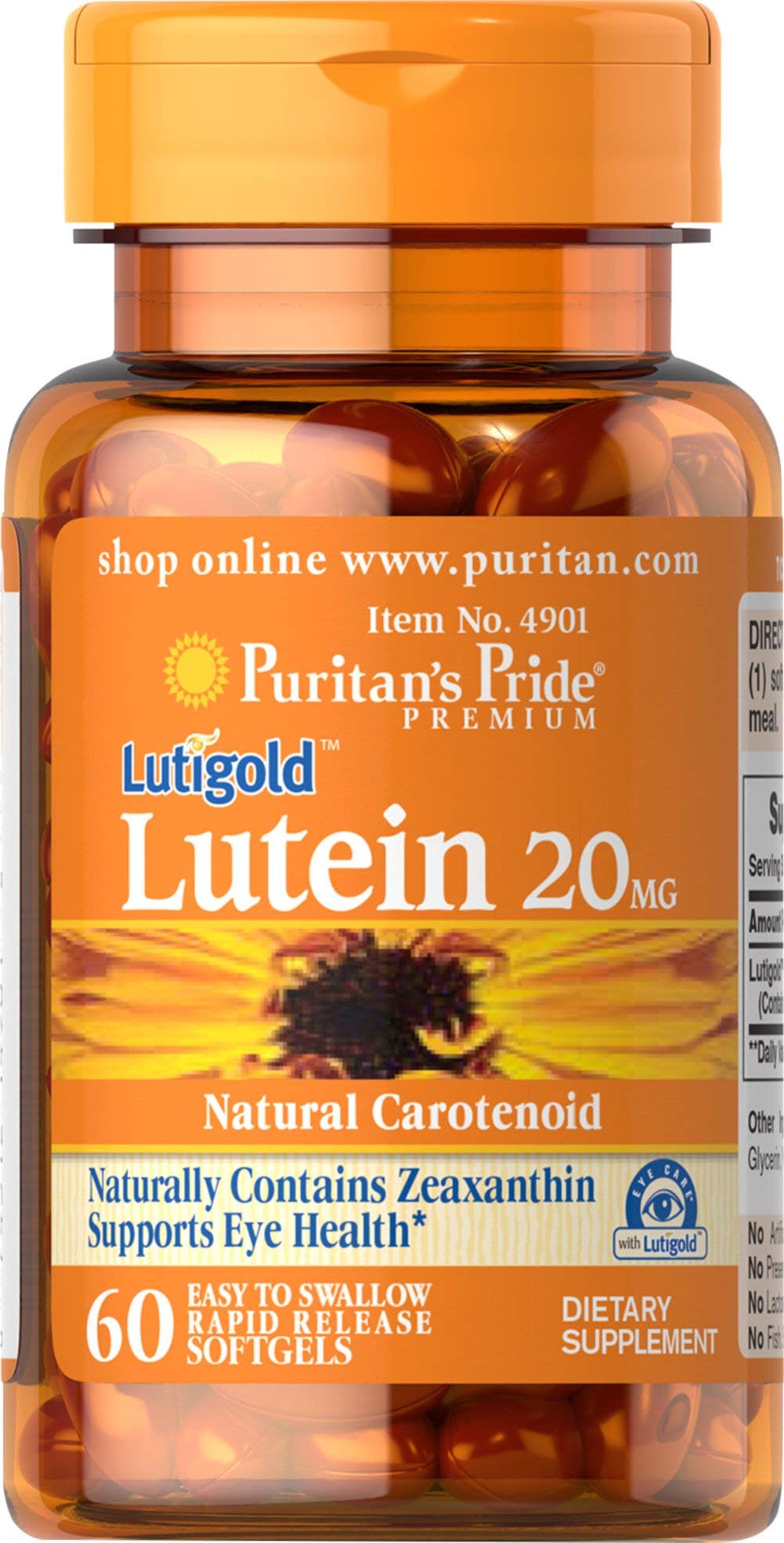 Bottle of Puritan's Pride Lutein 20 mg with Zeaxanthin 60 Softgels
