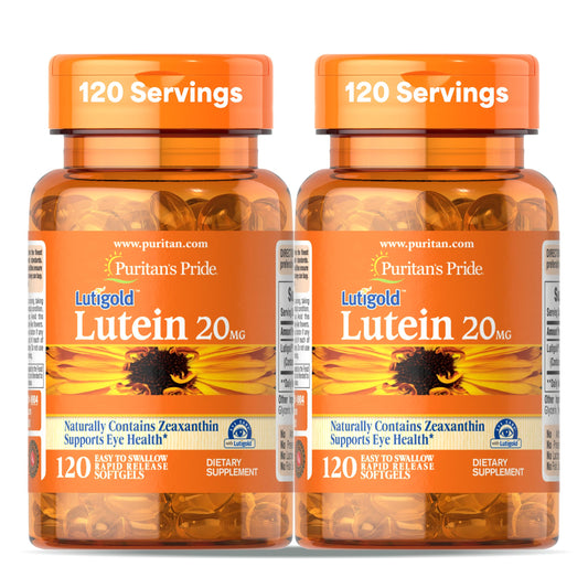 Front view of Puritan's Pride Lutigold Lutein 20mg with Zeaxanthin 2-Pack bottles