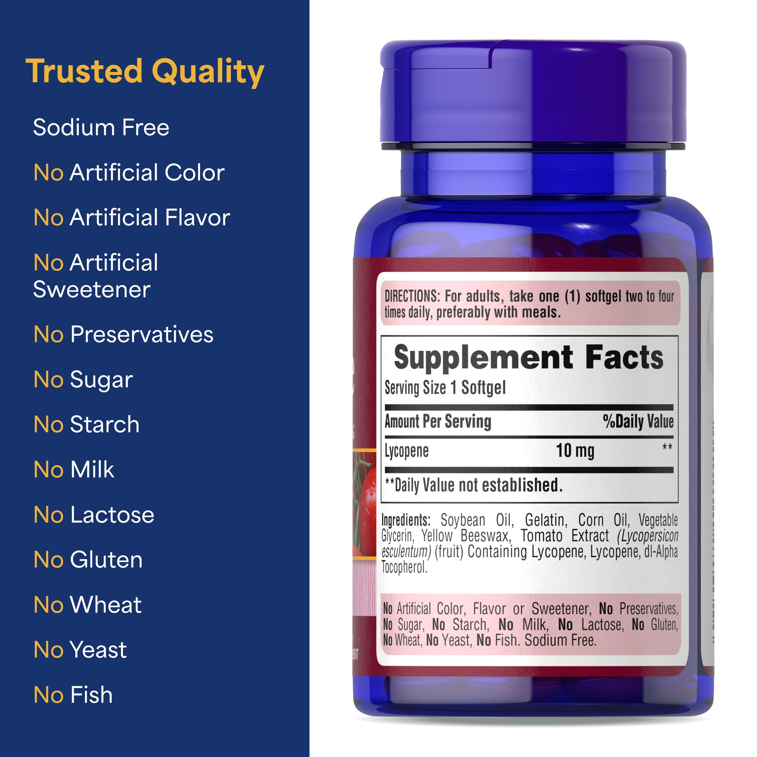 Bottle of Puritan's Pride Lycopene 10mg 100-count softgels