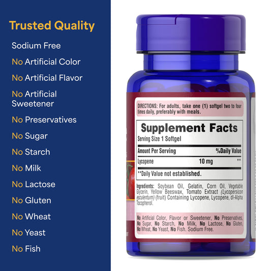 Bottle of Puritan's Pride Lycopene 10mg 100-count softgels