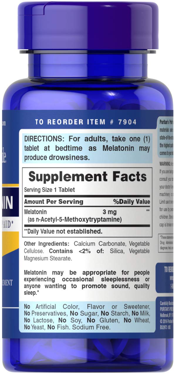 Puritans Pride Melatonin 3 mg Tablets bottle label, 240 count