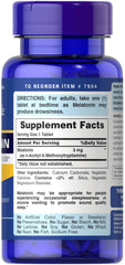 Puritans Pride Melatonin 3 mg Tablets bottle label, 240 count