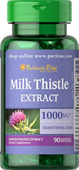 Bottle and capsule close-up of Puritan's Pride Milk Thistle 1000mg 4:1 extract