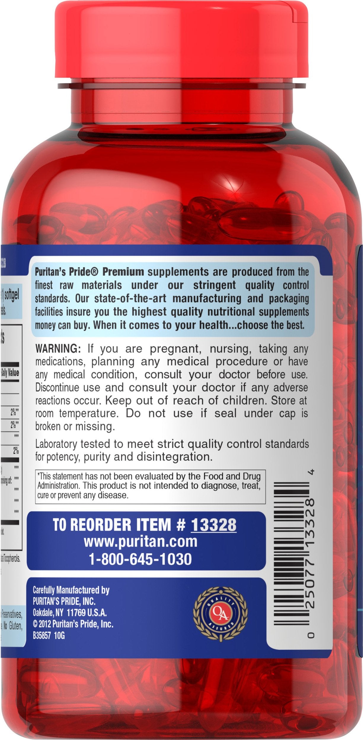 Discontinued status notice on Puritan's Pride Omega-3 packaging