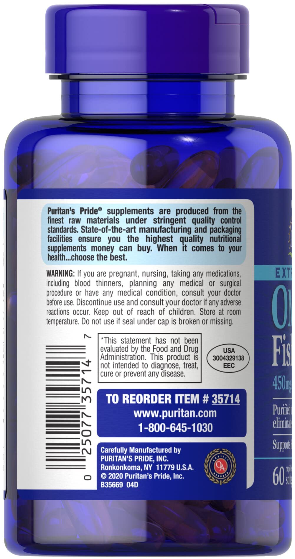 Close-up of Puritans Pride Omega-3 Softgel bottle with 60-count package