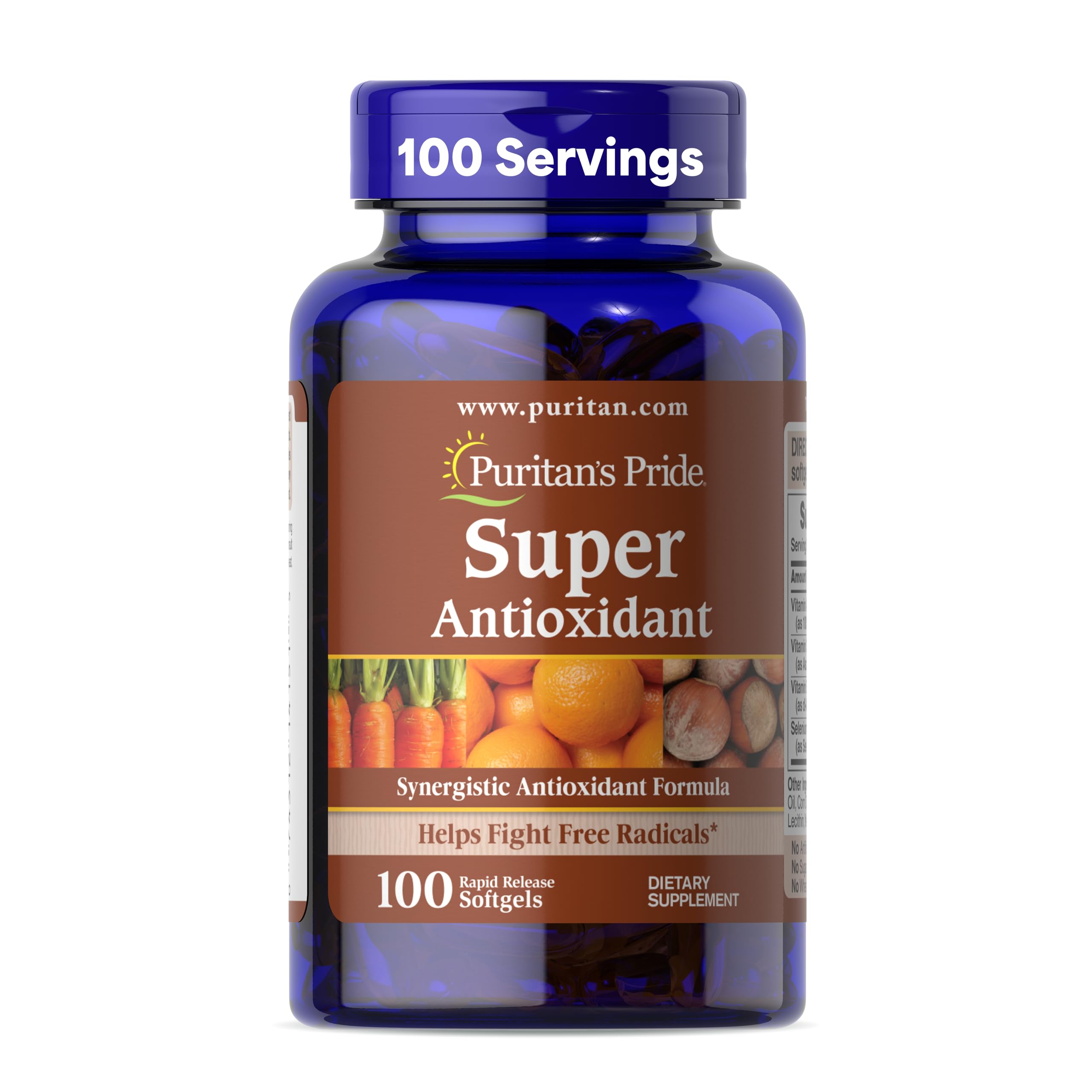 Puritan's Pride Premium Super Synergistic Antioxidant Formula bottle with 100 rapid-release softgels