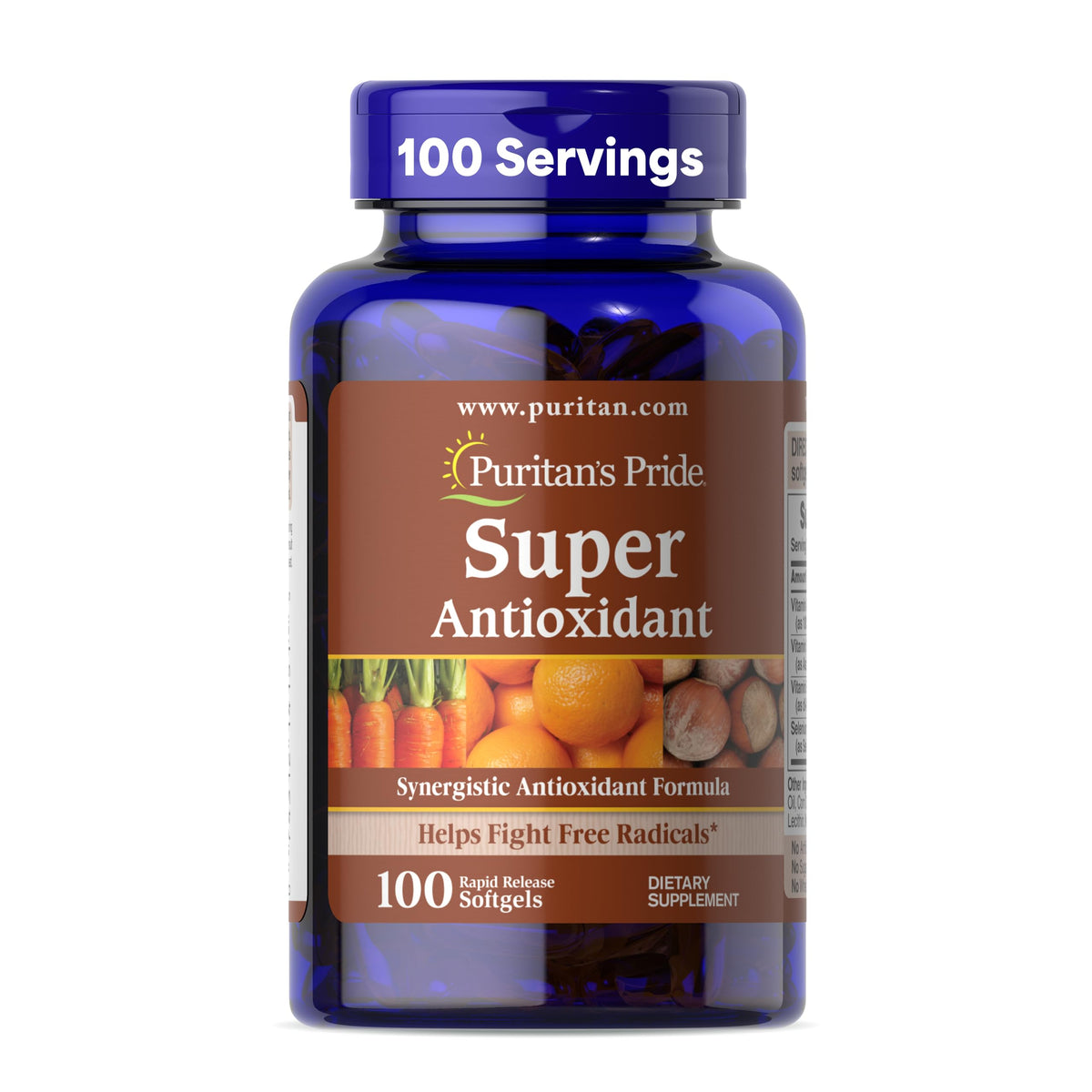 Puritan's Pride Premium Super Synergistic Antioxidant Formula bottle with 100 rapid-release softgels