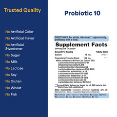 Close-up of Puritan's Pride Probiotic 10 with Vitamin D label