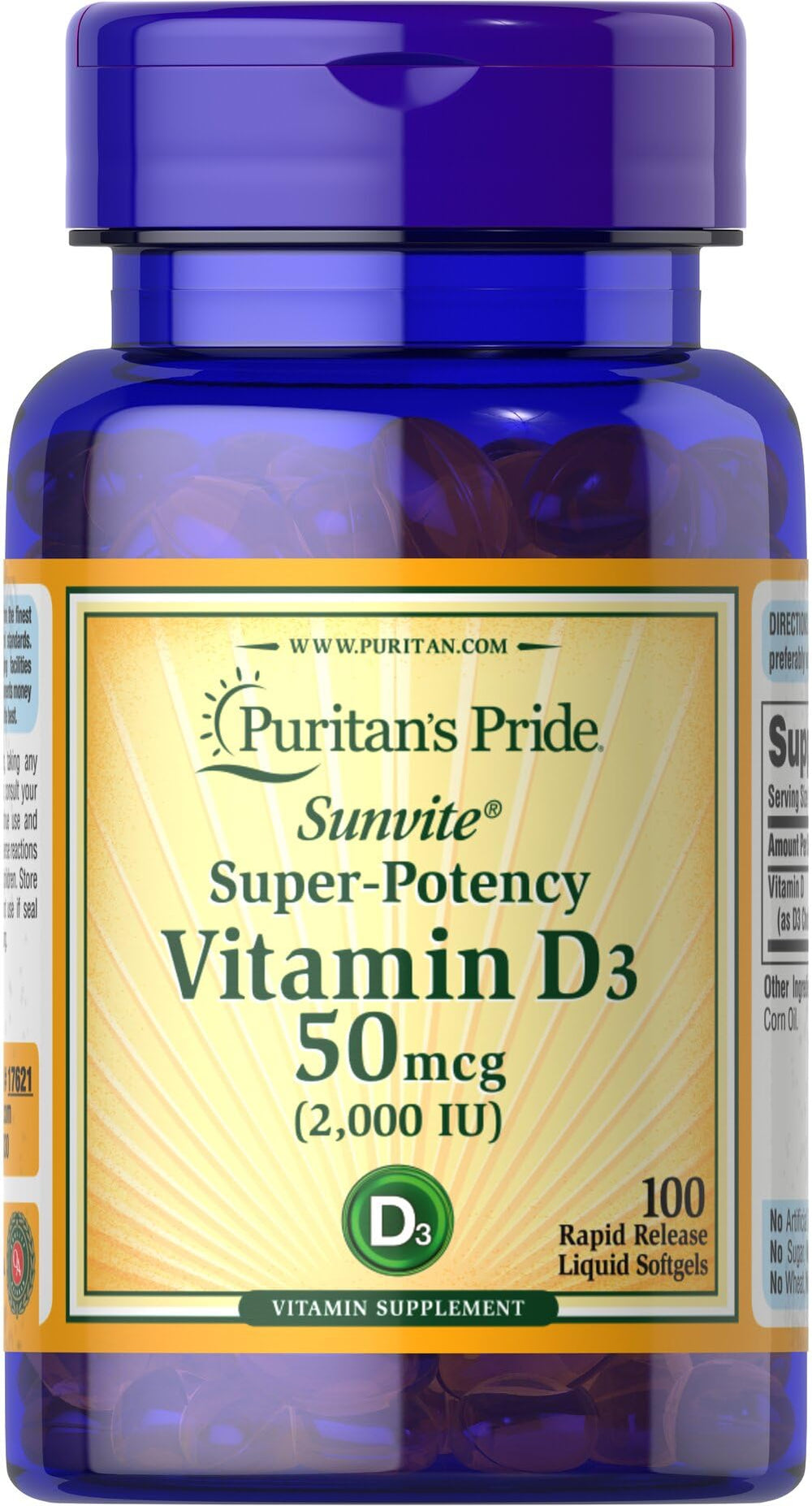 Puritan's Pride Sunvite Vitamin D3 2000IU bottle label