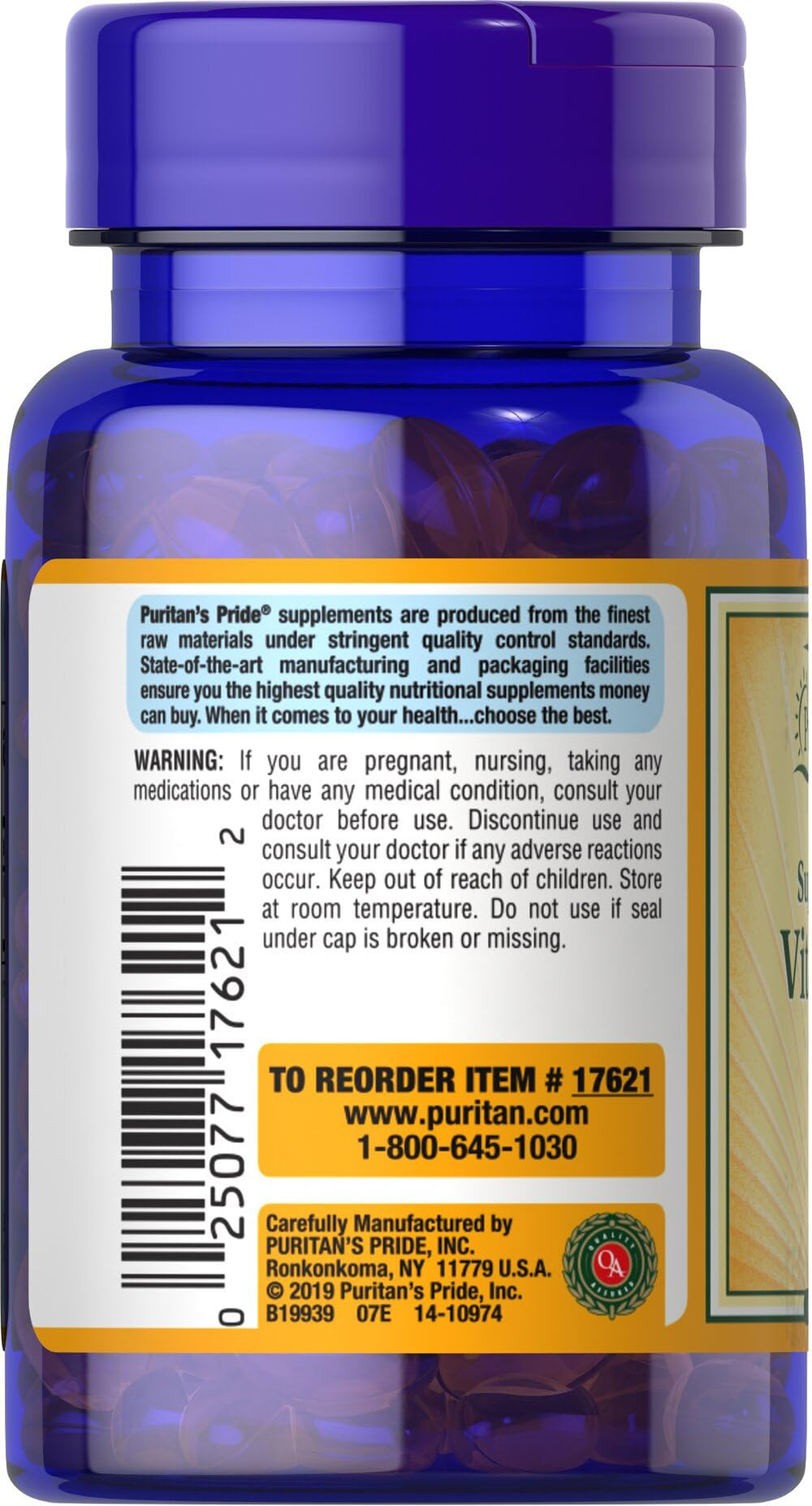 Supplement facts for Puritan's Pride Sunvite Vitamin D3 2000IU