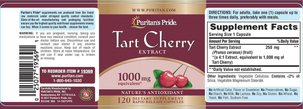 Tart Cherry Extract capsules 1000 mg - 120-count bottle