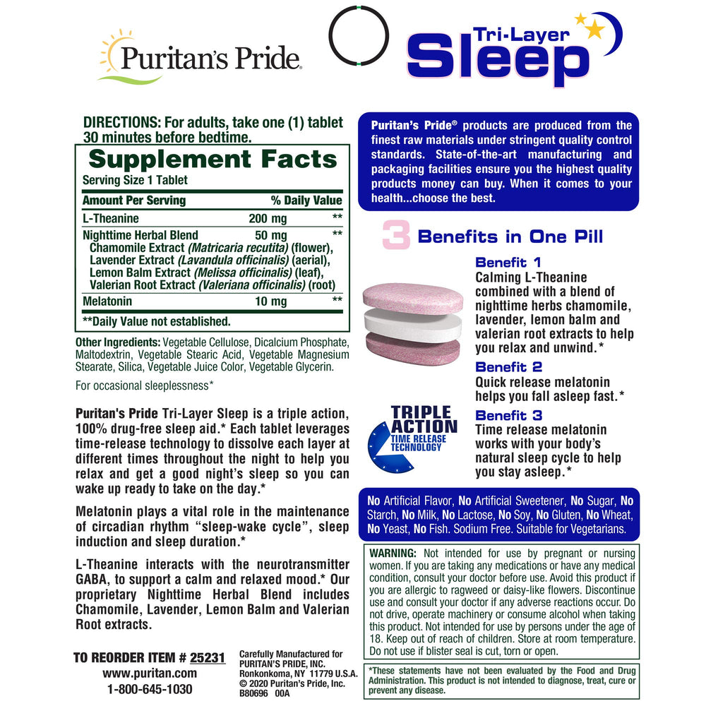Close-up of tri-layered sleep tablets from Puritan's Pride