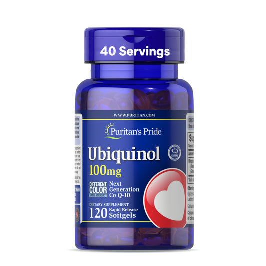 Bottle of Puritan's Pride Ubiquinol CoQ10 100 mg with 120 rapid-release softgels