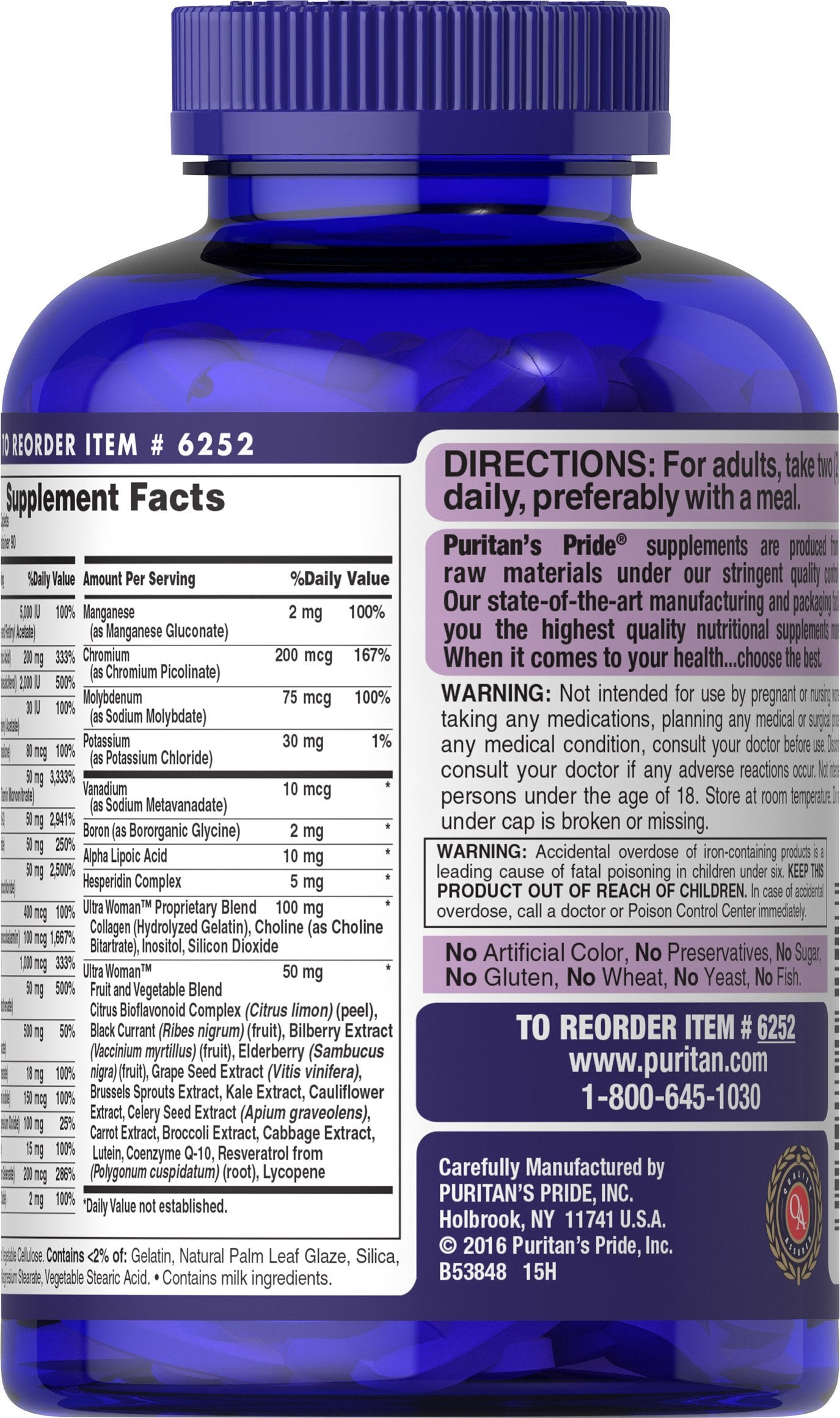 Back view showing nutrition facts for Puritan's Pride Ultra Women Multivitamin Timed Release Caplets, 180 count.