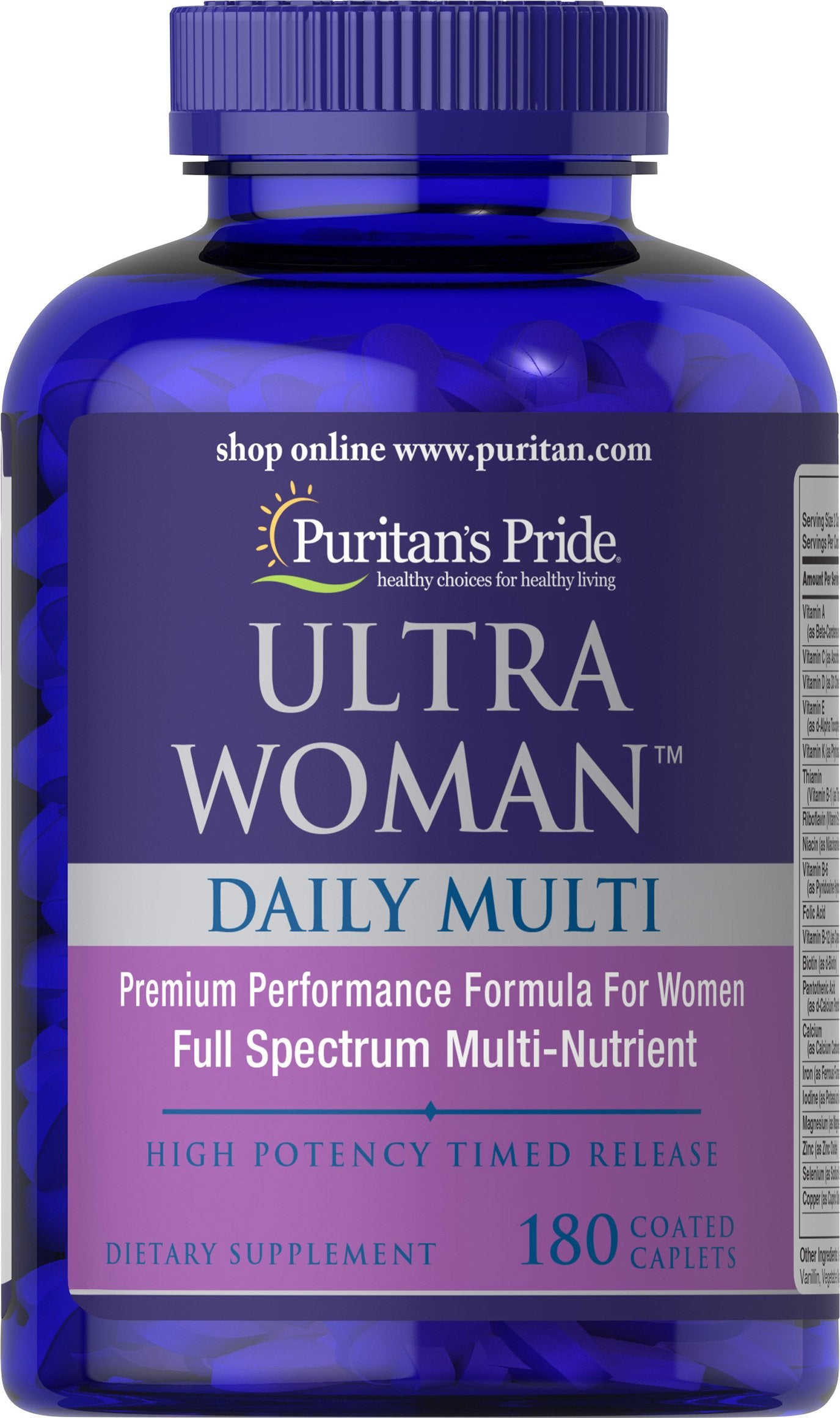 Front view of Puritan's Pride Ultra Women Multivitamin Timed Release Caplets bottle, 180 count.