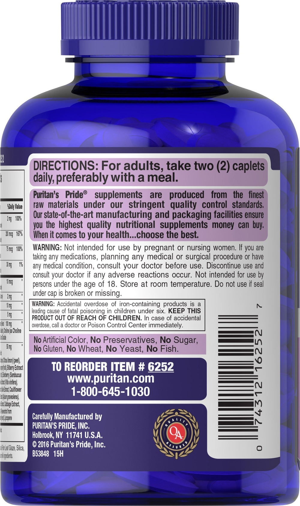Nutrition facts panel for Puritan's Pride Ultra Women Multivitamin Timed Release Caplets, 180 count.