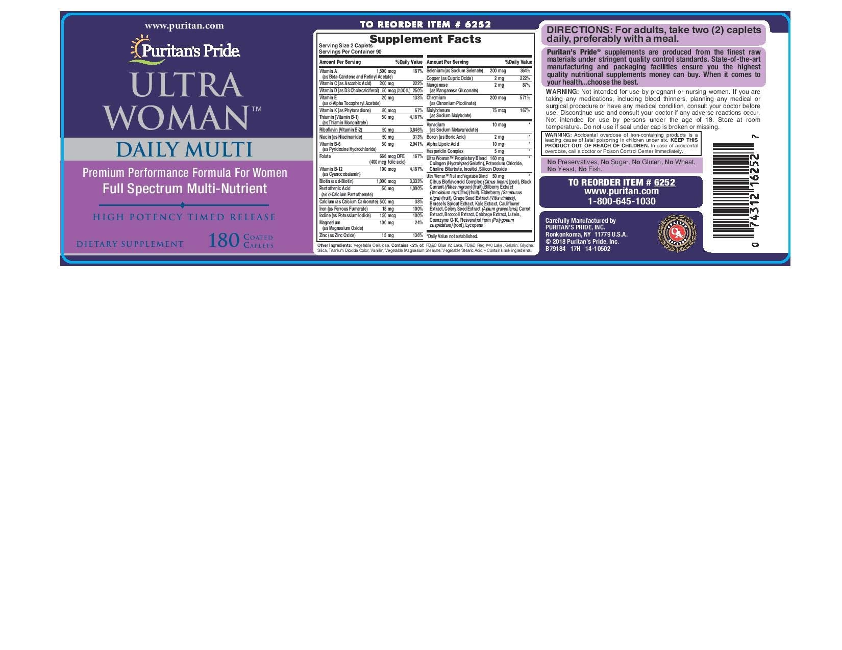 Packaging and bottle of Puritan's Pride Ultra Women Multivitamin Timed Release Caplets, 180 count.
