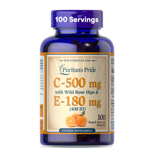 Bottle of Puritan's Pride Vitamin C-500mg with Rose HIPS and Vitamin E-400, front view