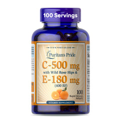 Bottle of Puritan's Pride Vitamin C-500mg with Rose HIPS and Vitamin E-400, front view