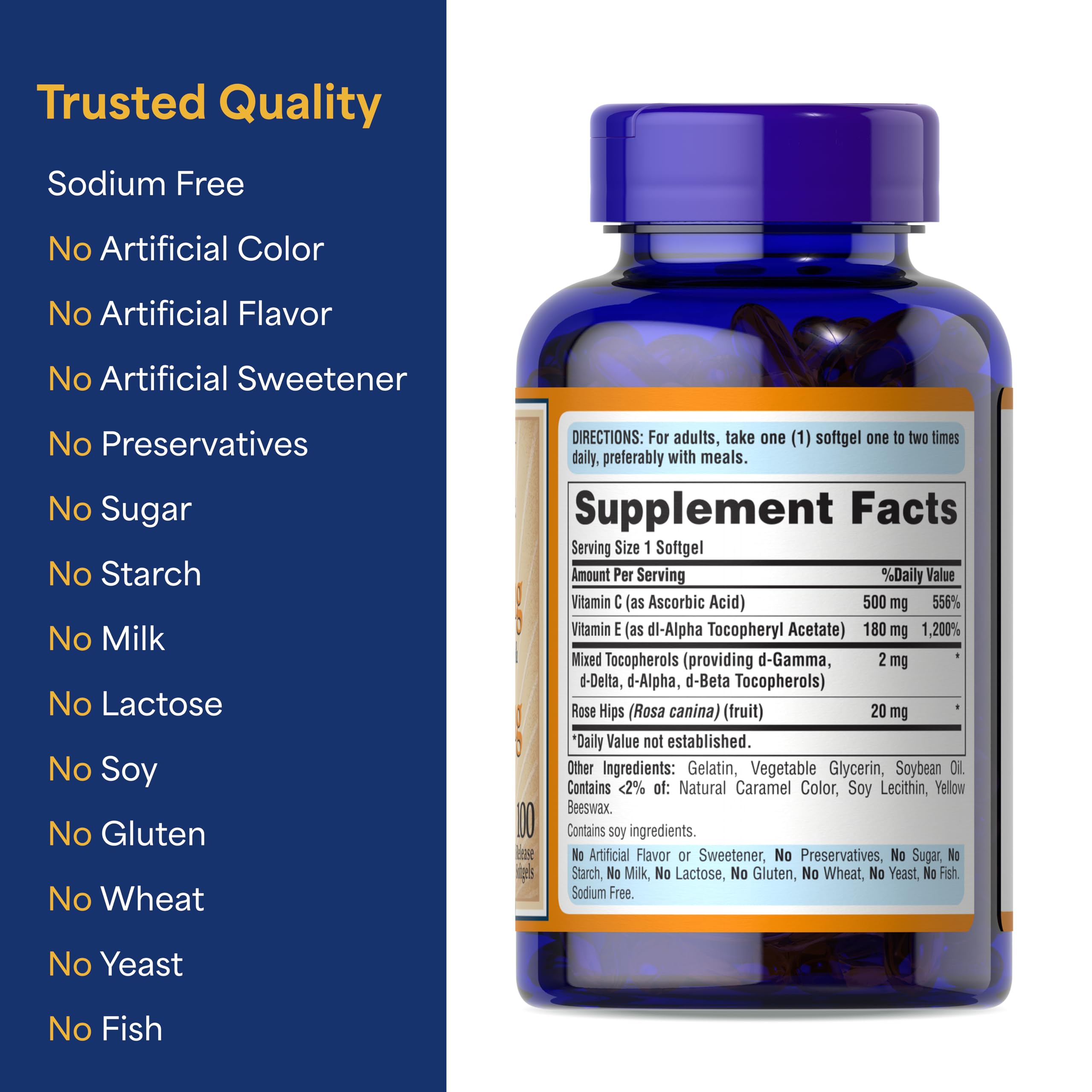 Packaging details of Puritan's Pride Vitamin C-500mg with Vitamin E-400