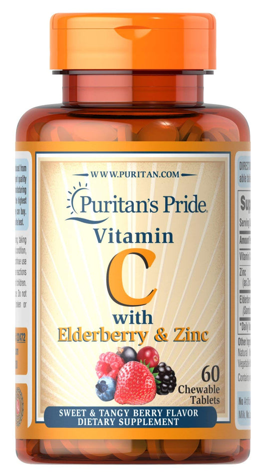 Puritan's Pride Vitamin C with Elderberry & Zinc chewables bottle label – 60 count