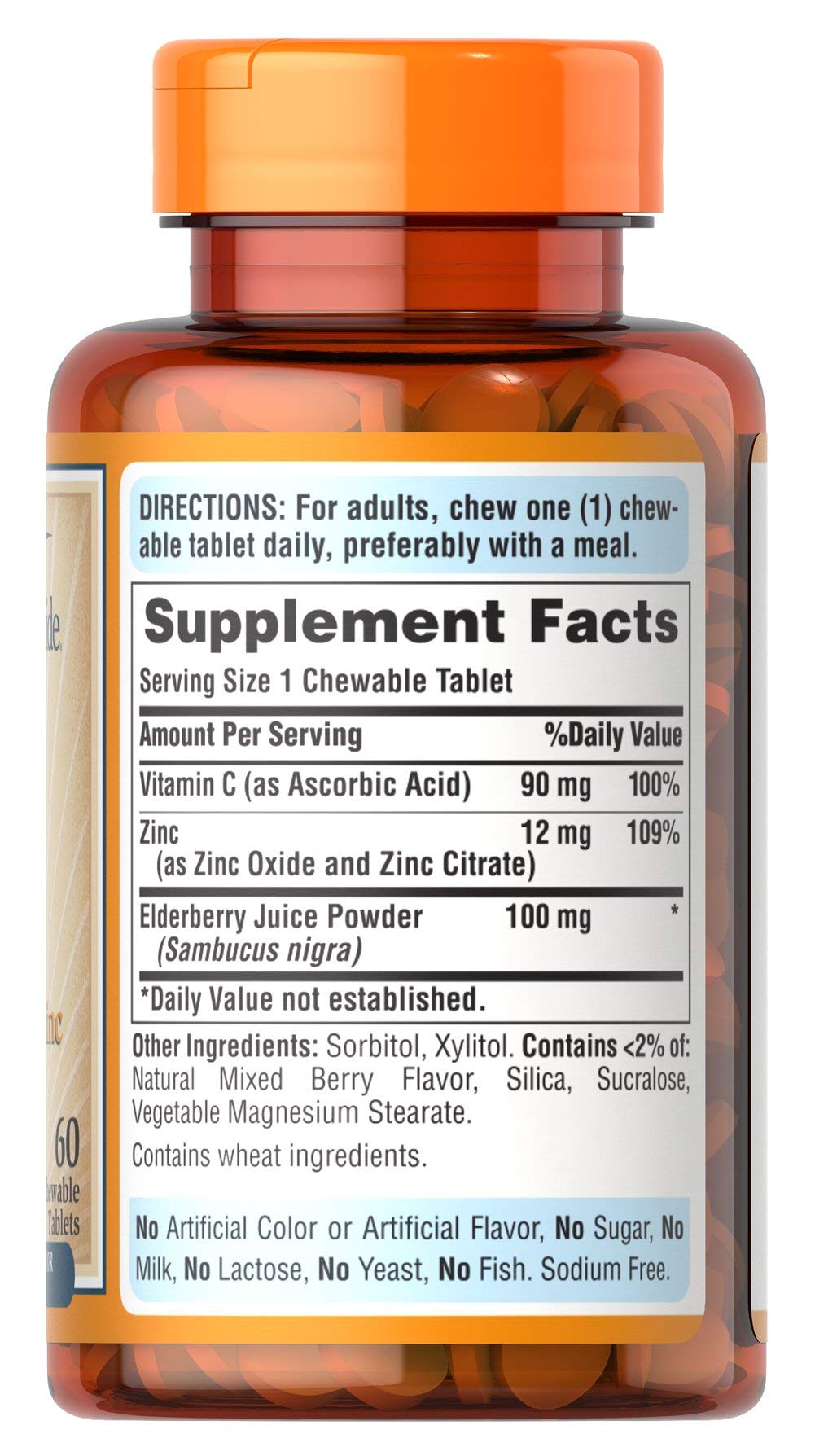 Front view of Puritan's Pride Vitamin C with Elderberry & Zinc chewables bottle – 60 count