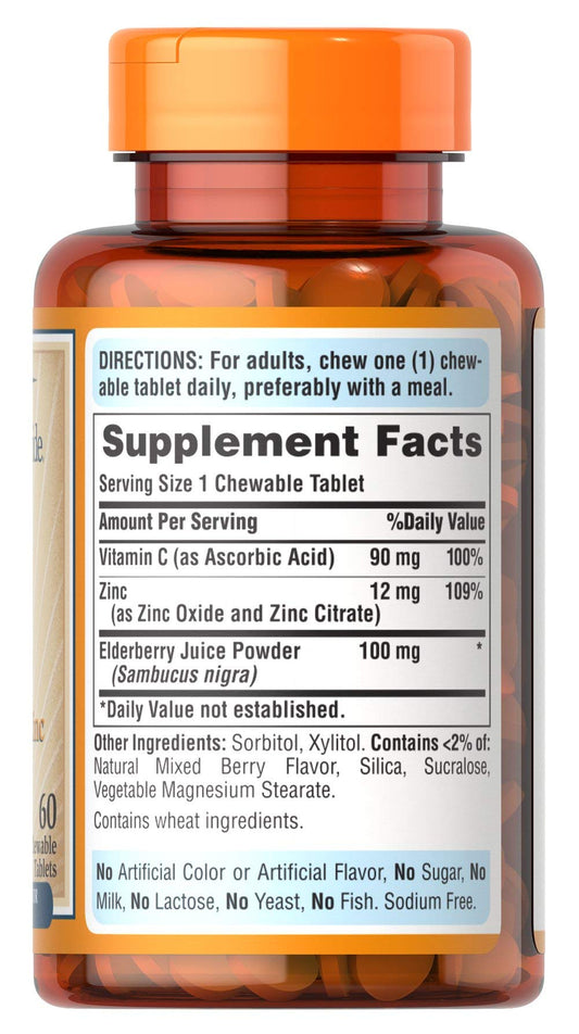 Front view of Puritan's Pride Vitamin C with Elderberry & Zinc chewables bottle – 60 count