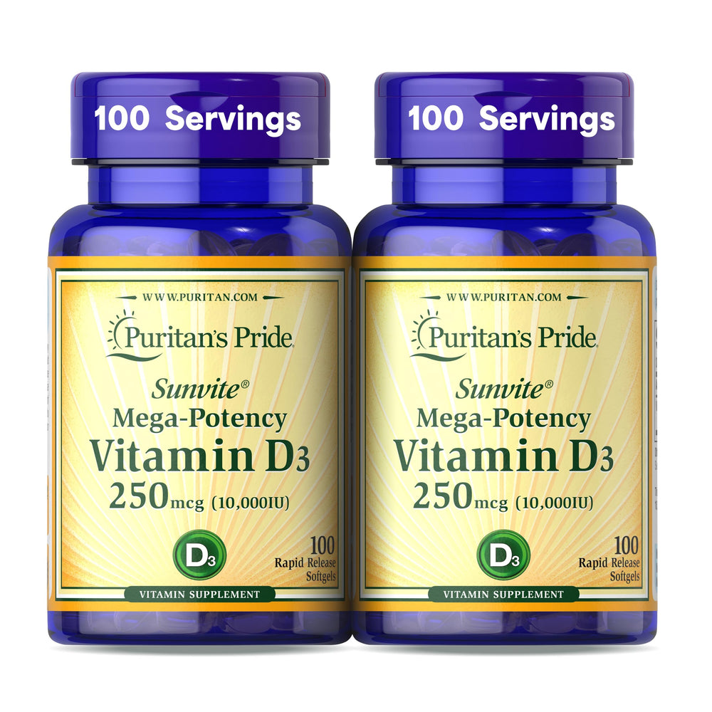 Puritan's Pride Vitamin D3 10,000 IU bottle with two-pack packaging
