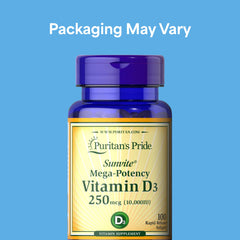 Two-pack Puritan's Pride Vitamin D3 10,000 IU softgels showing 200 total capsules