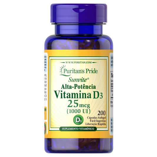 Front view of Puritan's Pride Vitamin D3 1000 IU bottle with 200 softgels