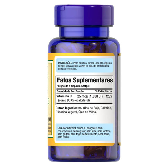 Close-up of Puritan's Pride Vitamin D3 1000 IU softgels label