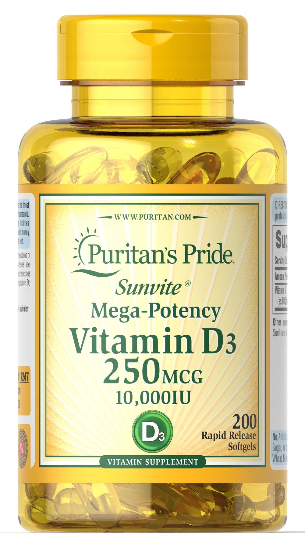 Puritan's Pride Vitamin D3 250 mcg (10,000 IU) Softgels – 200 Count