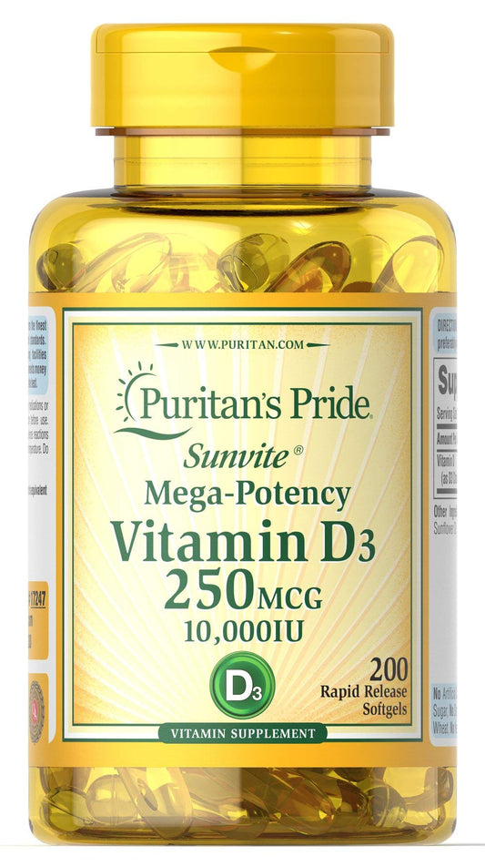 Puritan's Pride Vitamin D3 250 mcg (10,000 IU) Softgels – 200 Count