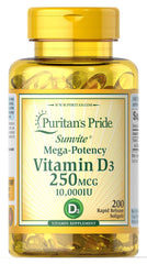 Puritan's Pride Vitamin D3 250 mcg (10,000 IU) Softgels – 200 Count