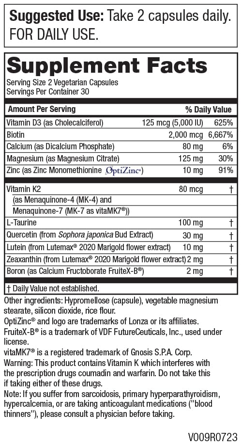 Close-up of the bottle with label showing D3, lutein and biotin