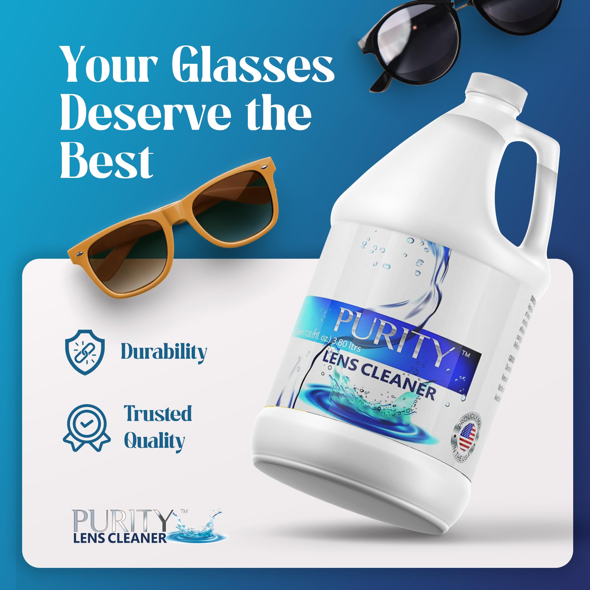 Purity Lens Cleaner bottle with AR-coated lenses illustration