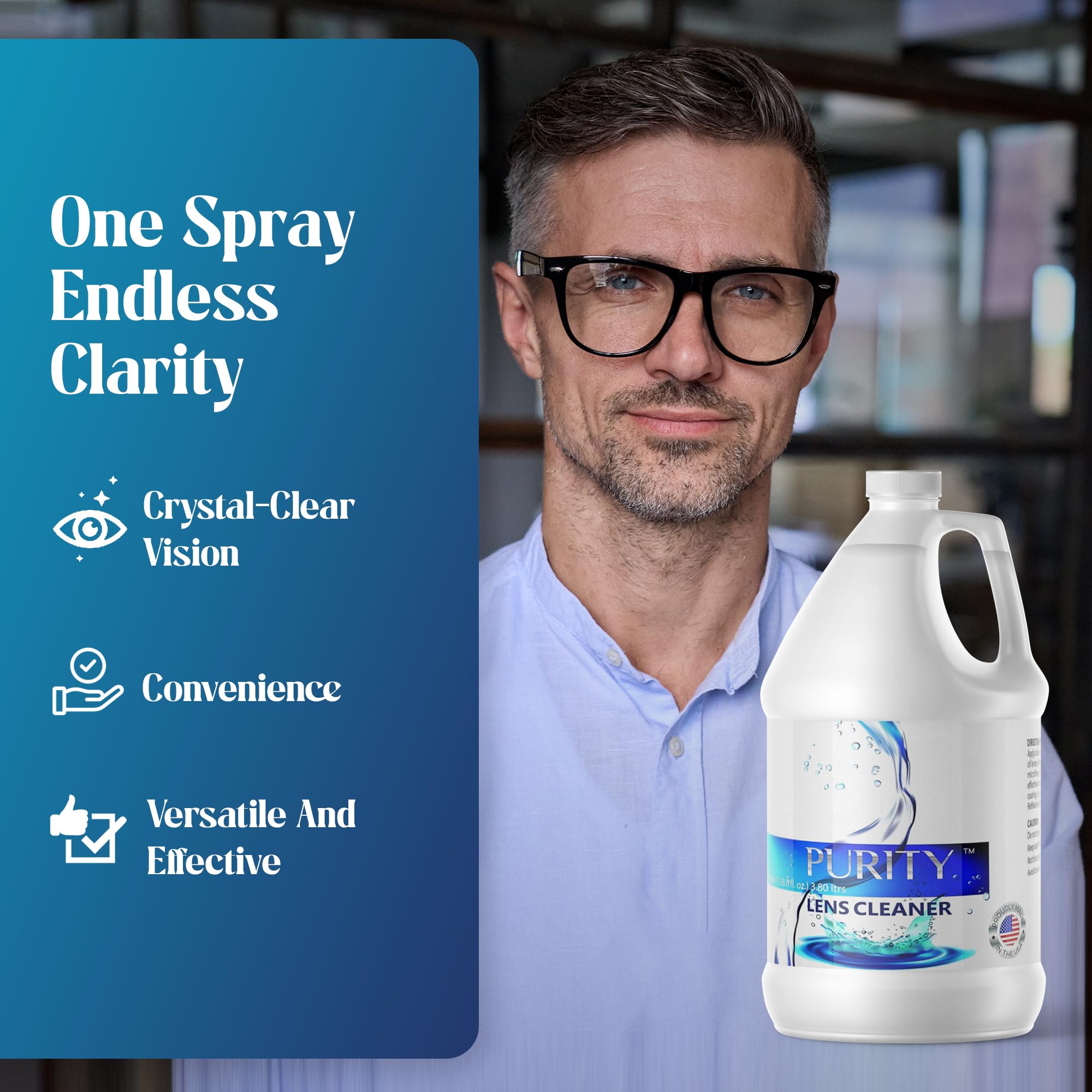 Purity Lens Cleaner product shot with clear liquid