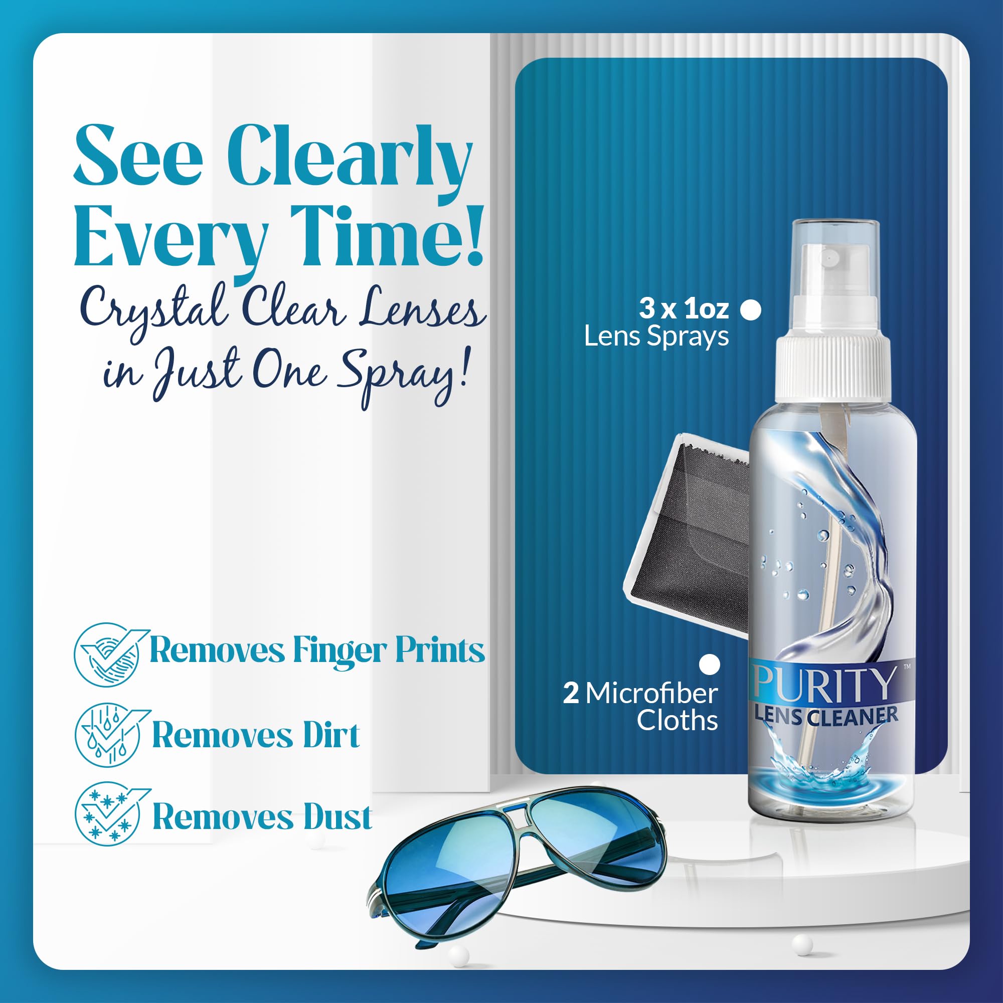 Three 1oz travel-size Purity Lens Cleaner spray bottles
