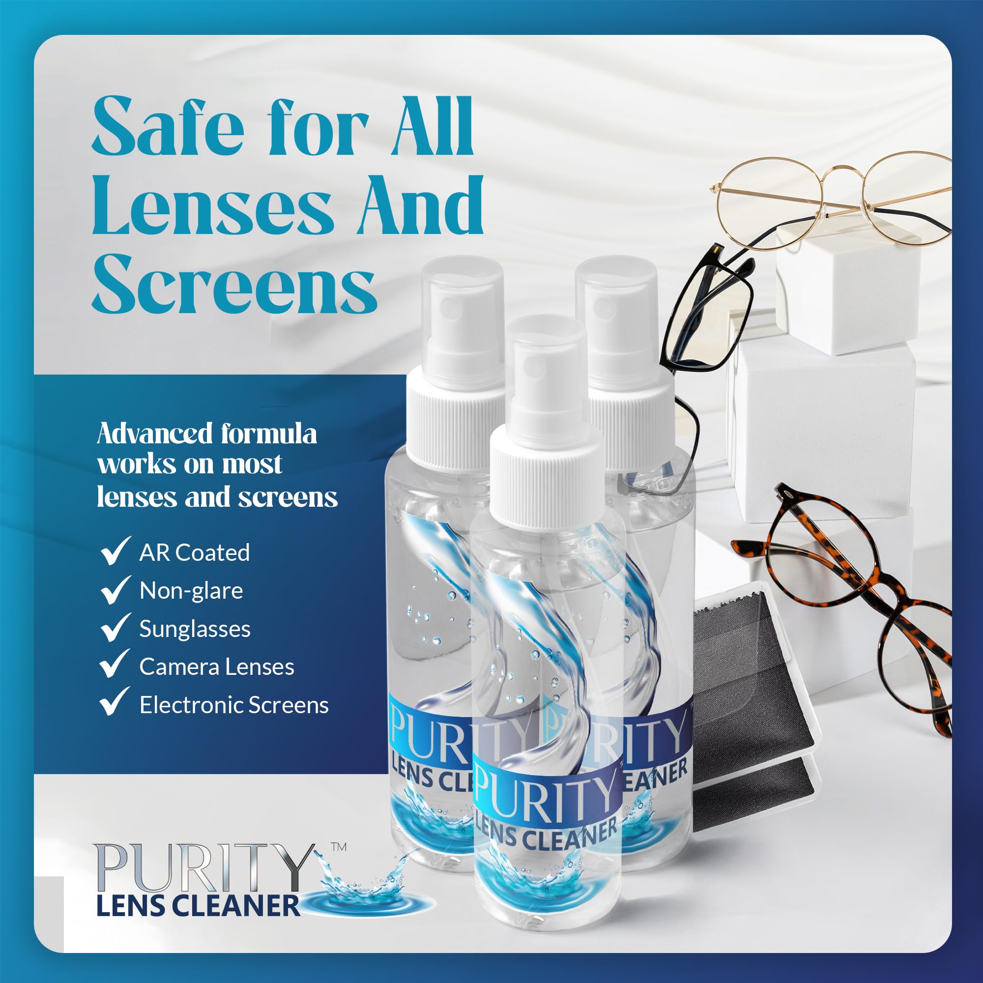 Bottle and microfiber cloths from Purity Lens Cleaner Spray Kit