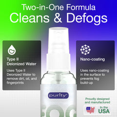 Applying anti fog spray to glasses with microfiber cloth