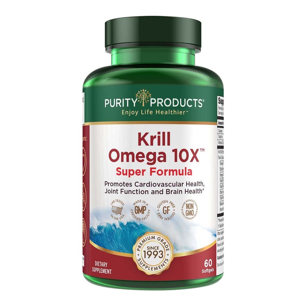 Purity Krill Omega-3 bottle highlighting 10x EPA/DHA