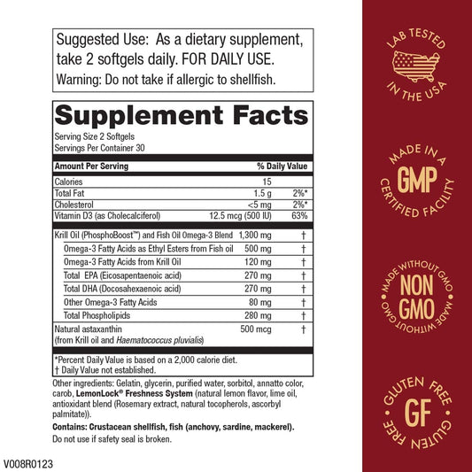 Nutritional label close-up on Purity Krill Omega 50