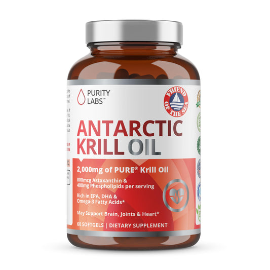 Bottle of Purity Labs Antarctic Krill Oil 2000mg with Astaxanthin softgels
