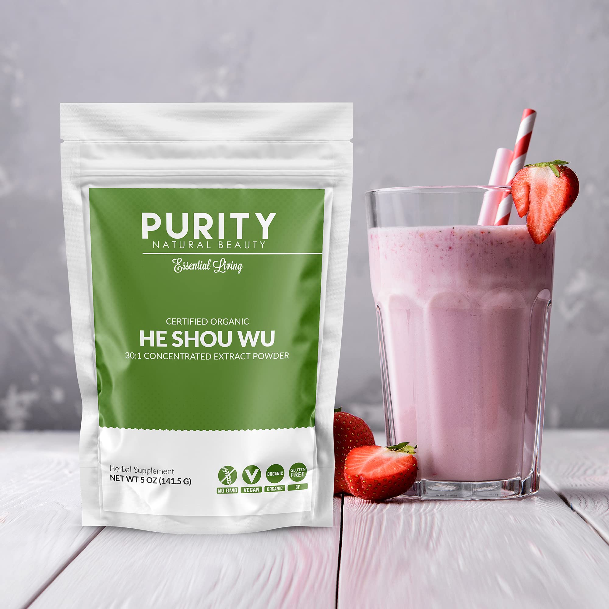 Purity Natural Beauty Fo Ti powder packaging highlighting organic extract